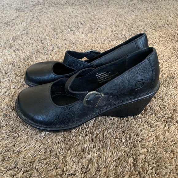 Born Mary Jane Wedge Heel Shoes Sz.10 Black Leather Classic Minimalist Versatile - Picture 4 of 13
